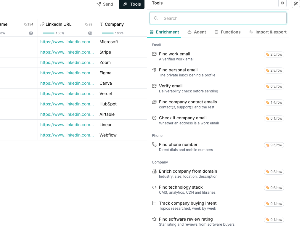 The Enrichment tab of the add-column panel, with rows grouped under shelf headings for Email, Phone, Company, Person, Social profiles and Marketing.