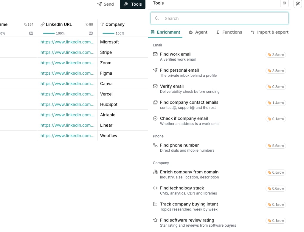 The Enrichment tab of the add-column panel, with rows grouped under shelf headings for Email, Phone, Company, Person, Social profiles and Marketing.