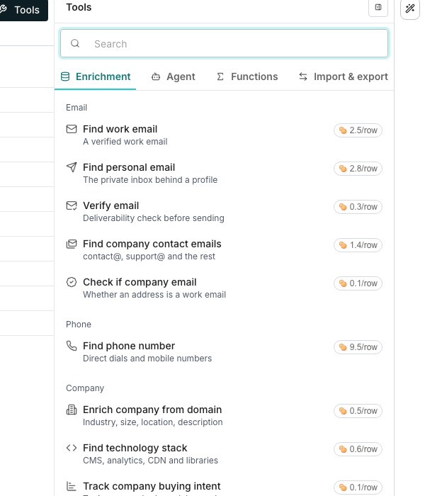 The Tools panel's Enrichment tab, listing enrichments like Find work email, Verify email and Find phone number, each with a one-line description and a price in credits.