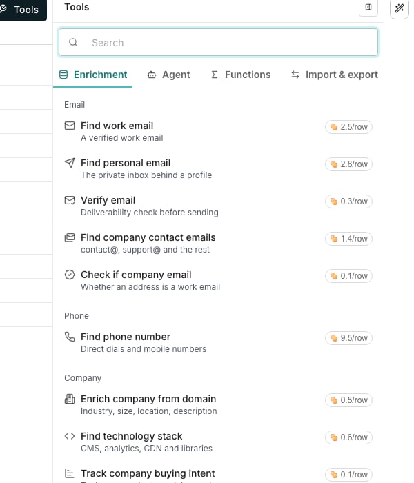 The Tools panel's Enrichment tab, listing enrichments like Find work email, Verify email and Find phone number, each with a one-line description and a price in credits.