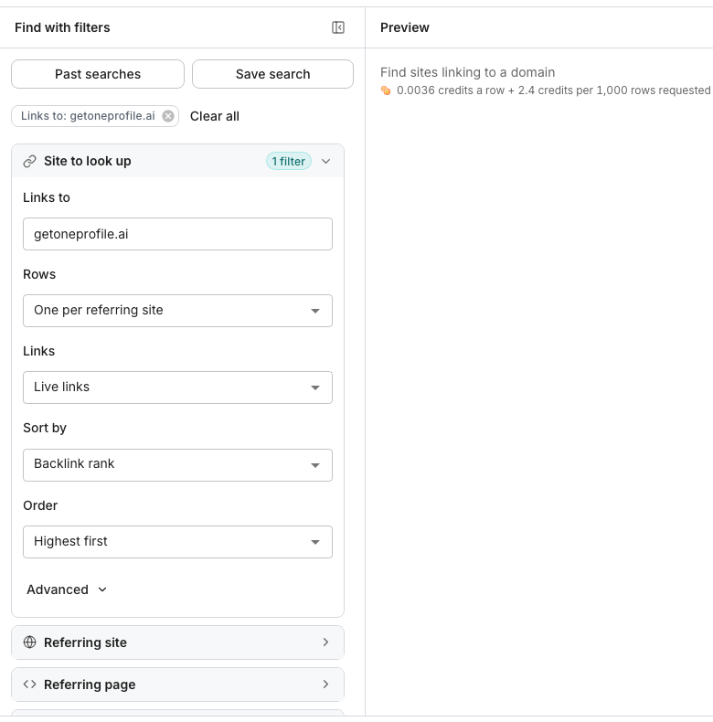 The Find sites linking to a domain page, with the Site to look up group open on the left showing Links to set to getoneprofile.ai, the Rows, Links, Sort by and Order selects on their defaults, and a Preview pane on the right showing the price per row and per 1,000 rows requested.