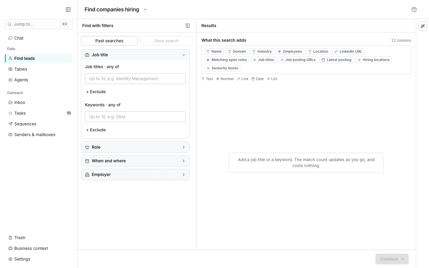 The Find companies hiring page, with the Job title filter group open and the Role, When and where, and Employer groups collapsed down the left, and a Results pane on the right listing the columns the search adds, such as Name, Domain, Industry, Employees, Matching open roles and Job titles.