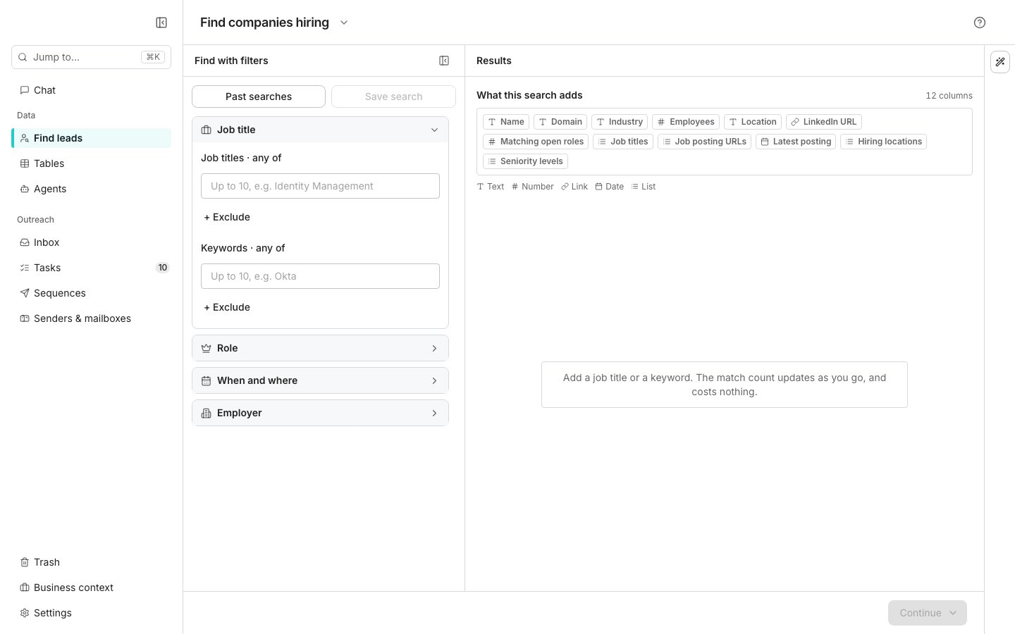 The Find companies hiring page, with the Job title filter group open and the Role, When and where, and Employer groups collapsed down the left, and a Results pane on the right listing the columns the search adds, such as Name, Domain, Industry, Employees, Matching open roles and Job titles.
