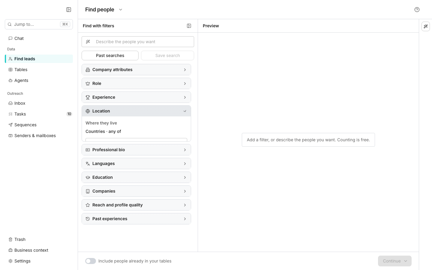 The Find people search: Find with filters on the left, with a box to describe the people you want above the filter sections and the Location section open on Countries, and the empty Preview on the right. The AI Assistant is folded to a button at the right edge.