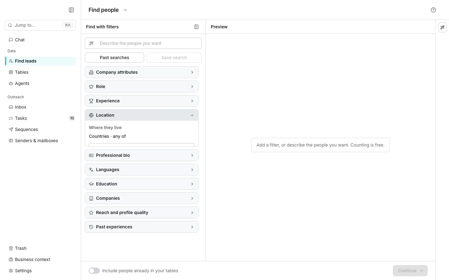 The Find people search: Find with filters on the left, with a box to describe the people you want above the filter sections and the Location section open on Countries, and the empty Preview on the right. The AI Assistant is folded to a button at the right edge.