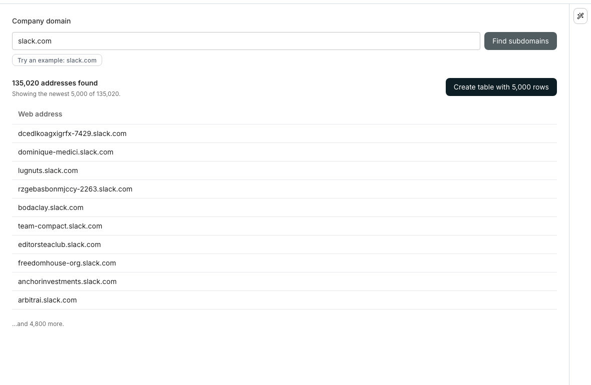 A finished subdomain search for slack.com, showing an addresses found count, a Create table button, and a single Web address column listing hostnames.