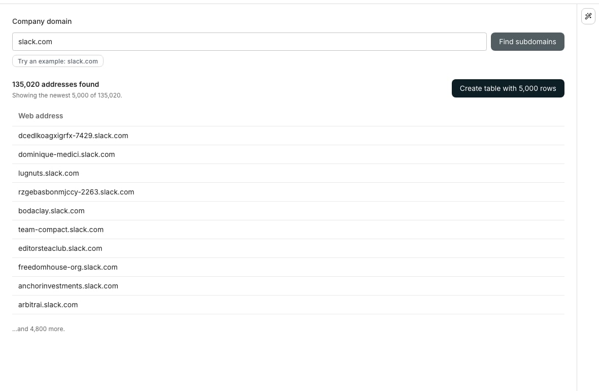 A finished subdomain search for slack.com, showing an addresses found count, a Create table button, and a single Web address column listing hostnames.