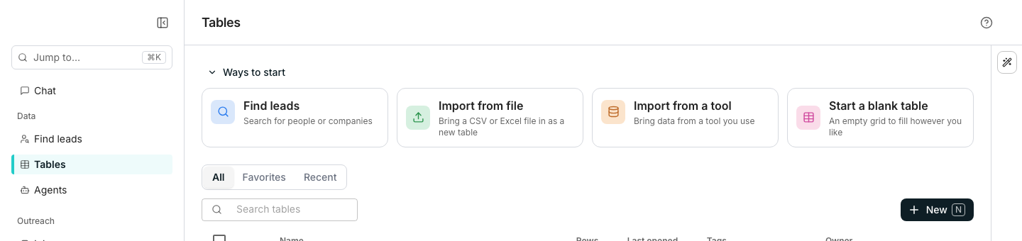 The top of the Tables page. The sidebar starts with Chat, then Find leads, Tables and Agents under Data. Beside it, under Ways to start, a row of launcher cards: Find leads, Import from file, Import from a tool, and Start a blank table, each with a one-line description.