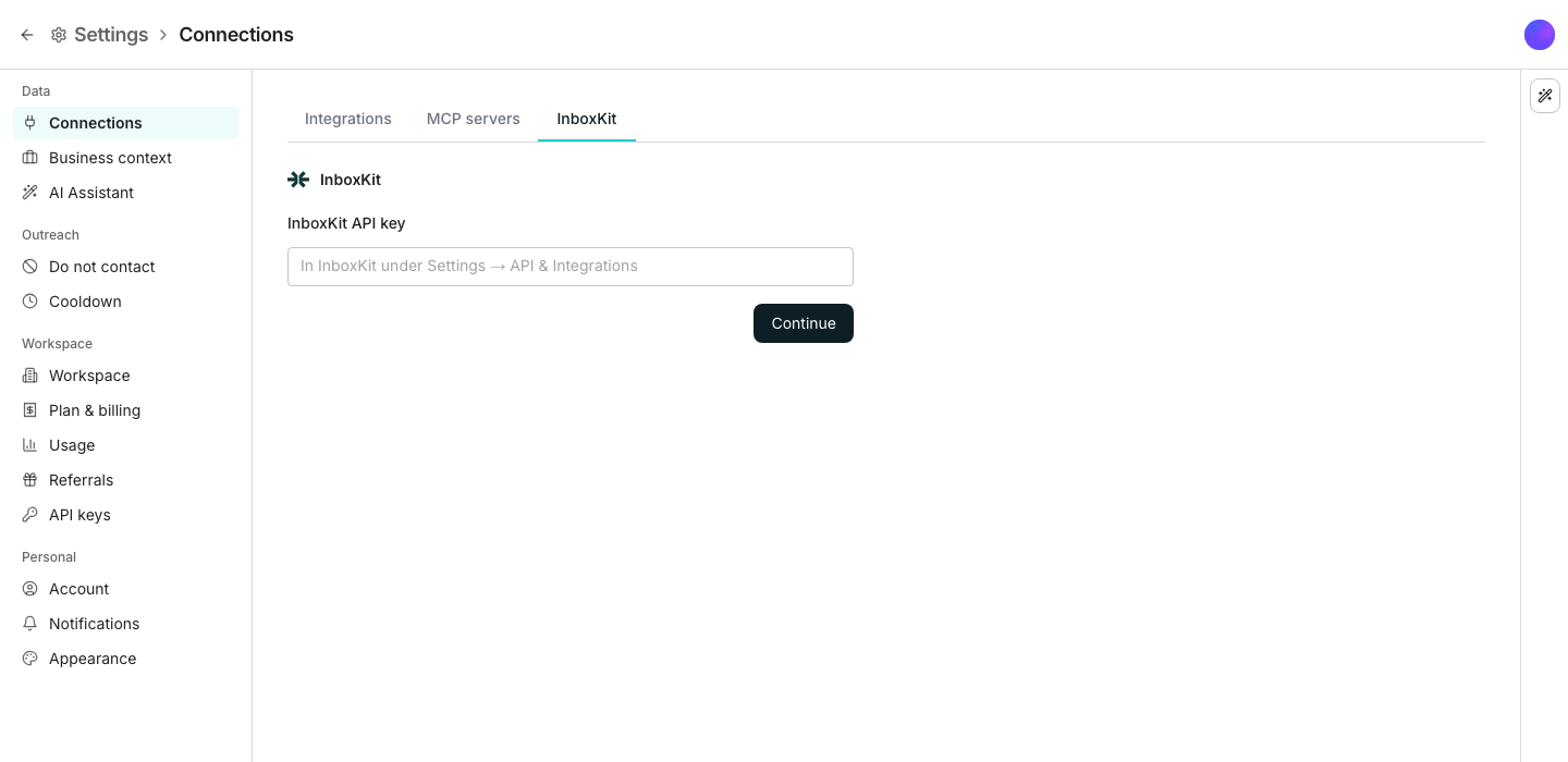 The InboxKit tab of the Settings Connections page, beside the Integrations and MCP servers tabs, with an InboxKit API key field and a Continue button under it.