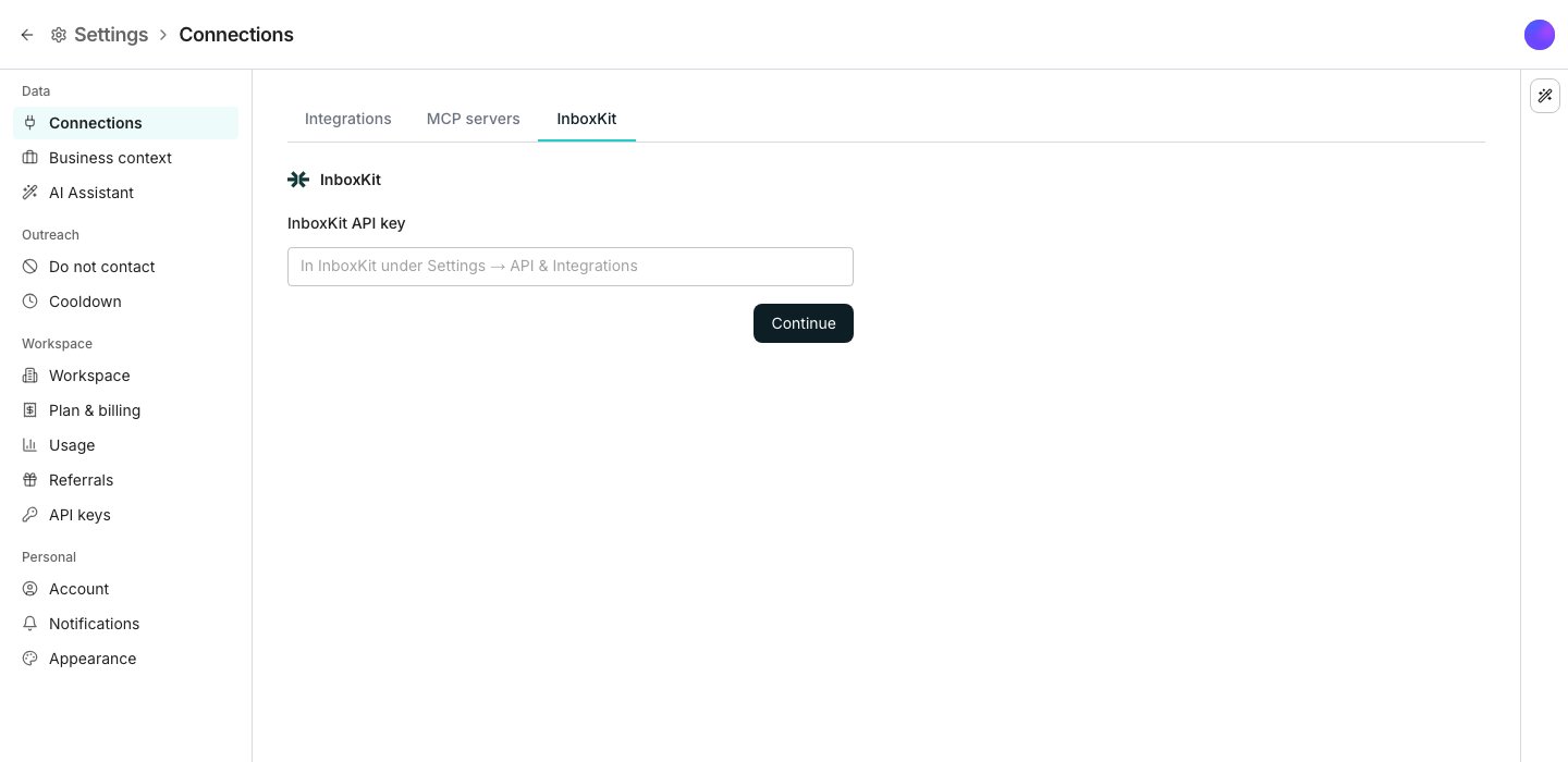 The InboxKit tab of the Settings Connections page, beside the Integrations and MCP servers tabs, with an InboxKit API key field and a Continue button under it.