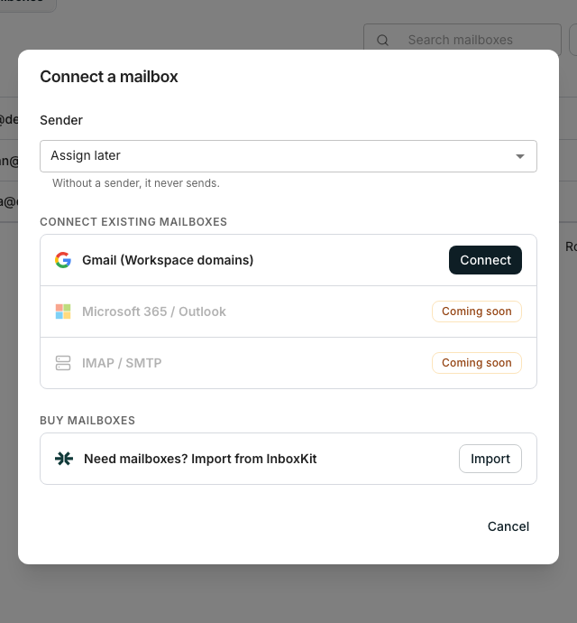The Connect a mailbox dialog, with a Sender profile field above a list of connection methods: Google Workspace / Gmail with a Connect button, Microsoft 365 / Outlook and IMAP / SMTP marked Soon, and a row for importing mailboxes in bulk.