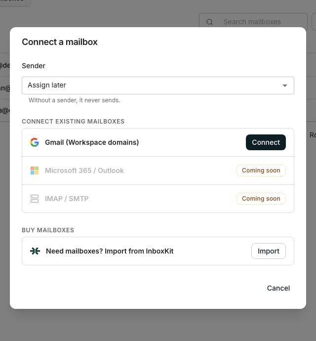 The Connect a mailbox dialog, with a Sender profile field above a list of connection methods: Google Workspace / Gmail with a Connect button, Microsoft 365 / Outlook and IMAP / SMTP marked Soon, and a row for importing mailboxes in bulk.