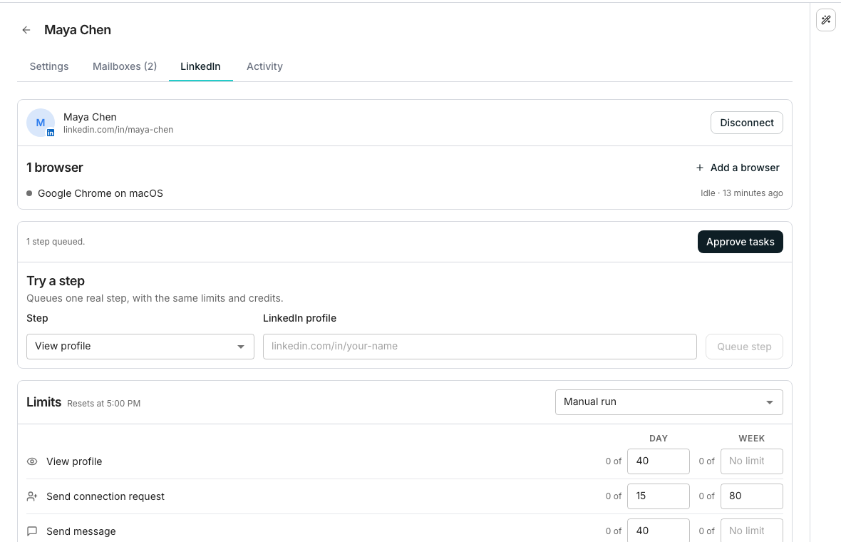 A sender's LinkedIn tab: the connected profile with a Manual Run chip and a Disconnect button, one browser marked Active with an Add a browser button, a line saying three steps are queued and that those waiting for approval are in Tasks, Try a step, and the Limits panel with daily and weekly limits.