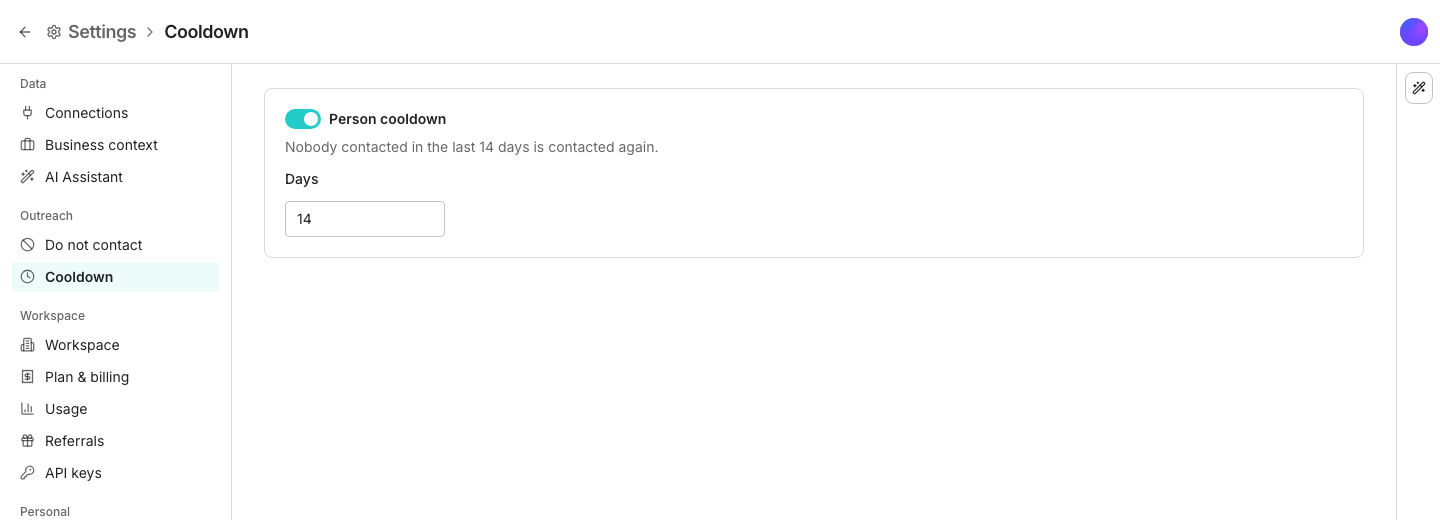 The Cooldown settings pane with Person cooldown switched on and a Days field set to 14, above a line saying nobody contacted within that many days is contacted again by any sequence from any sender.
