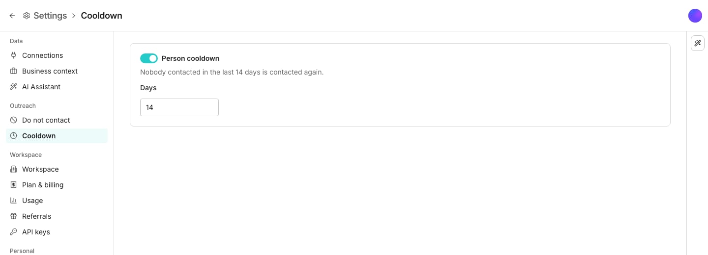 The Cooldown settings pane with Person cooldown switched on and a Days field set to 14, above a line saying nobody contacted within that many days is contacted again by any sequence from any sender.