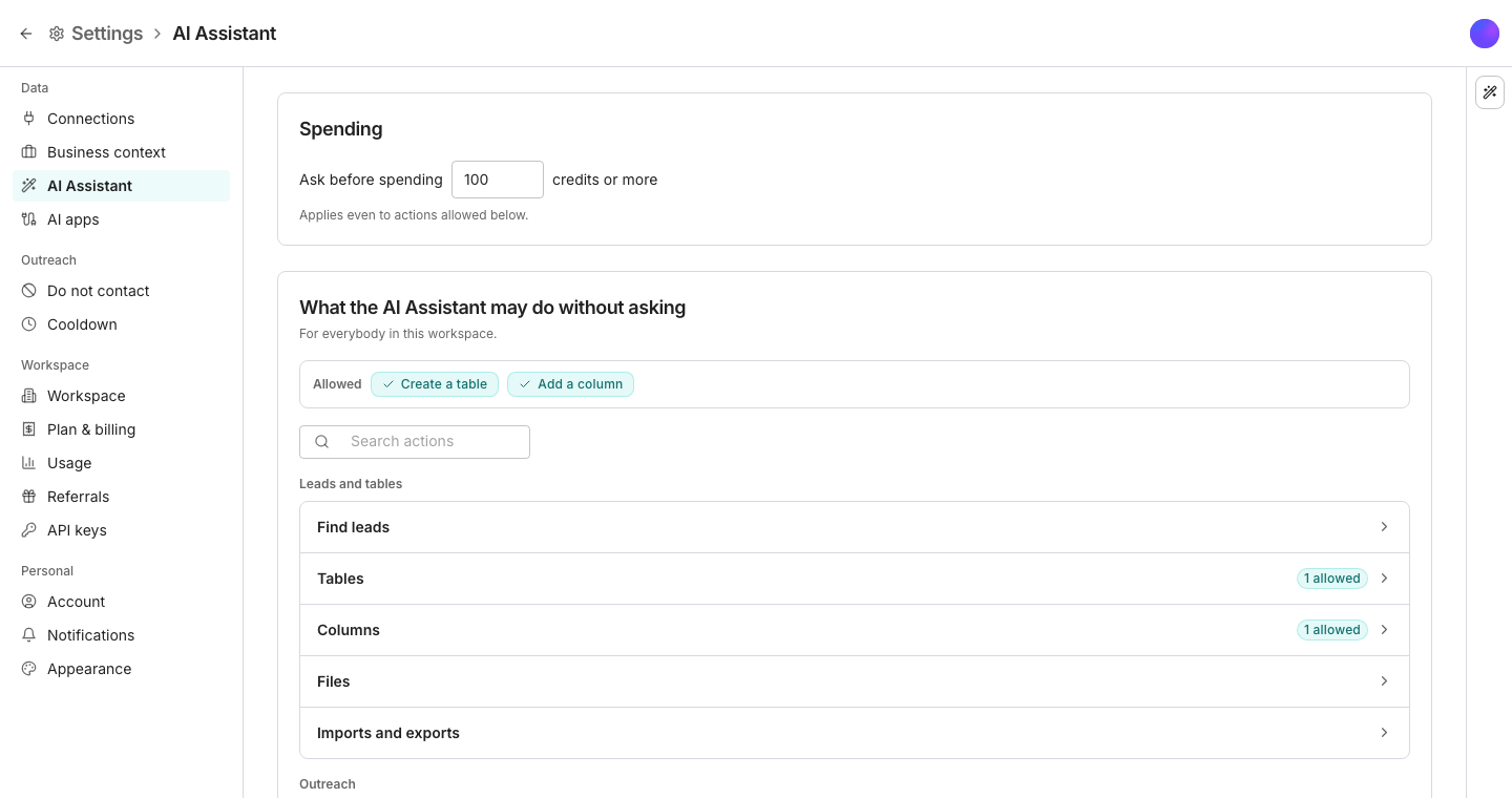 The AI Assistant settings pane, with an Approvals card holding an Ask before spending field followed by credits or more, then a list headed What the AI Assistant may do without asking with a switch per action, such as Add a column and Run a column, all off, and a list headed What agents may do without asking.