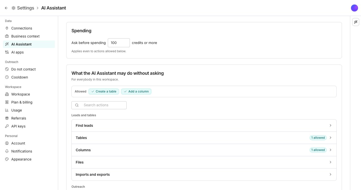 The AI Assistant settings pane, with an Approvals card holding an Ask before spending field followed by credits or more, then a list headed What the AI Assistant may do without asking with a switch per action, such as Add a column and Run a column, all off, and a list headed What agents may do without asking.