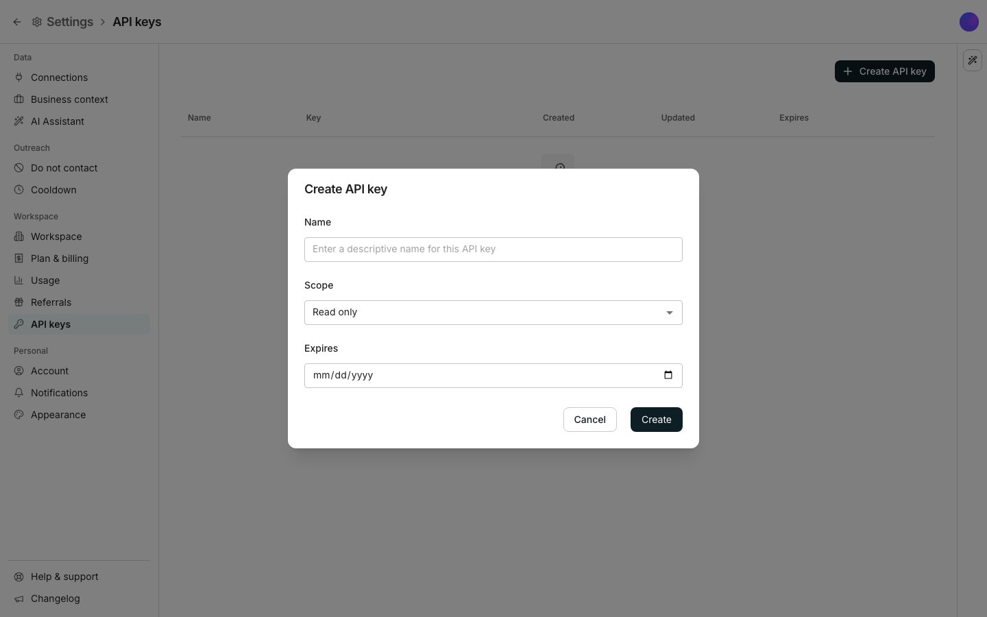 The Create API key dialog has a Name field, a Scope selector showing Read only, an optional Expires date, and a Create button.