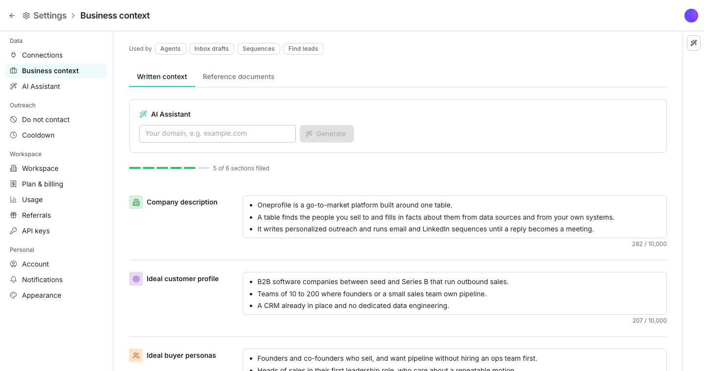 The Business context page beside the settings rail, with an AI Assistant card holding a domain field and a Generate button, a strip counting the filled sections, and text boxes for Company description and Ideal customer profile.