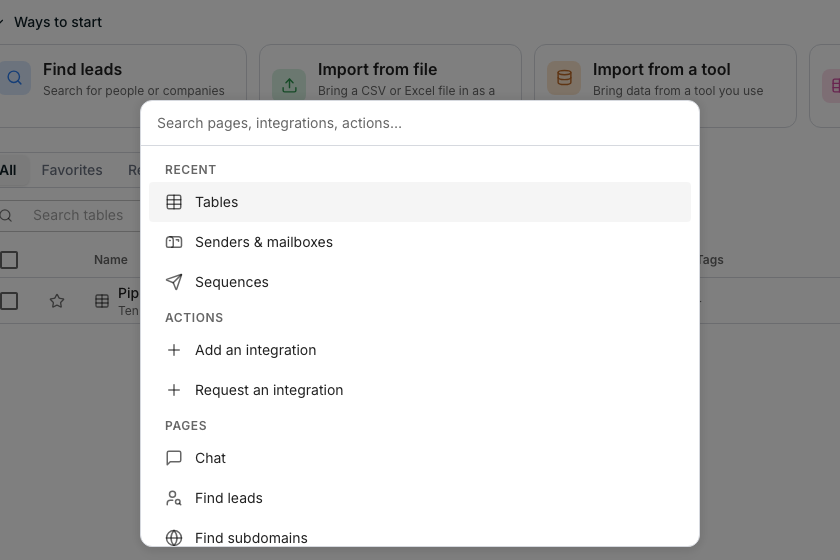 The command palette open over the tables list, with a search box at the top and results grouped below it under Recent, Actions and Pages.