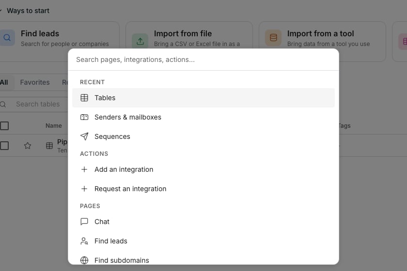 The command palette open over the tables list, with a search box at the top and results grouped below it under Recent, Actions and Pages.