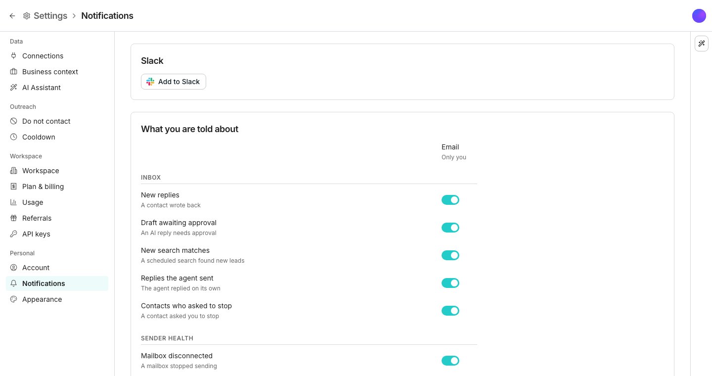 The Notifications page: an Add to Slack button, then the notification types grouped under Inbox, Sender health and Credits, such as New replies, Mailbox disconnected and Low credits, each with an Email switch and a Slack channel picker.