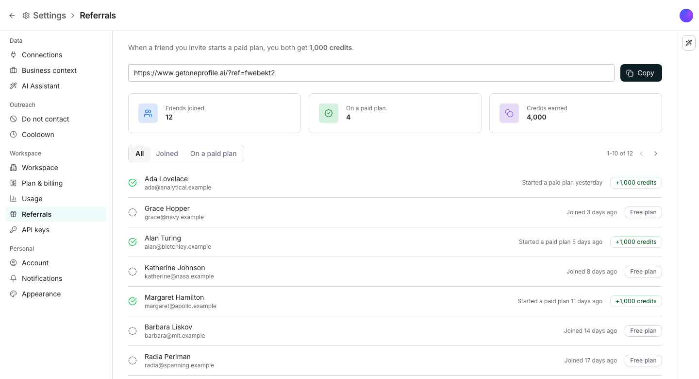The Referrals settings pane showing a referral link with a Copy button, three cards reading Friends joined, On a paid plan and Credits earned, and a list of referrals below with a status against each one.