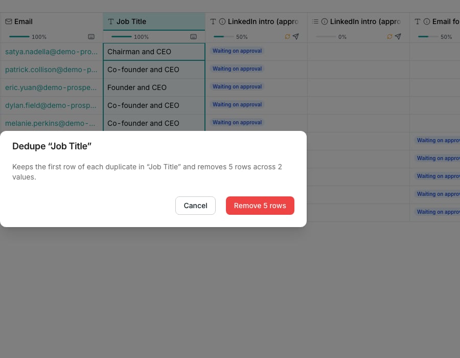 A dialog titled Dedupe Job Title, saying it keeps the first row of each duplicate and how many rows it removes, with a button that counts the rows it will remove.