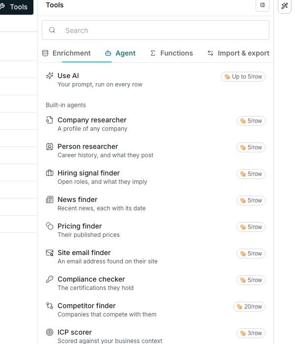 The Tools panel's Agent tab beside a table. Use AI sits at the top with its most-per-row price, and a Built-in agents list follows, starting with Company researcher and Person researcher, each with a one-line description and price.