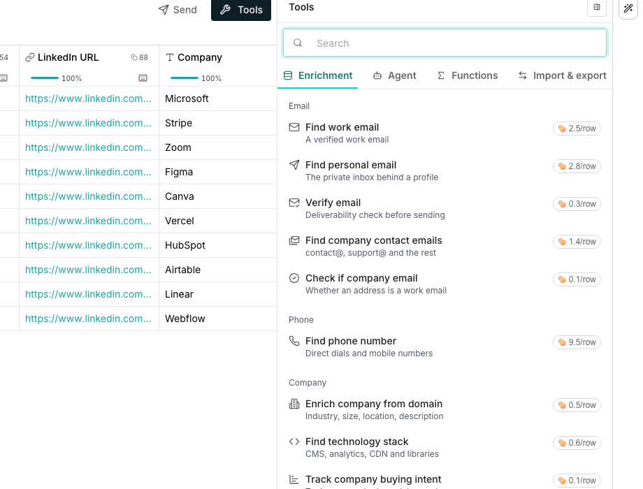 The Tools panel with the Enrichment tab selected, enrichments grouped under Email, Phone, Company and Person headings, each with a one-line description and a price in credits.