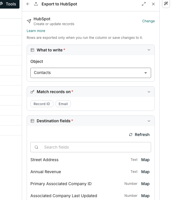The export editor docked beside a table, showing the chosen destination and its create or update action at the top, a What to write card with Contacts as the object, a Match records on card offering Record ID and Email, and a Destination fields card whose rows each carry the field's type and a Map button.