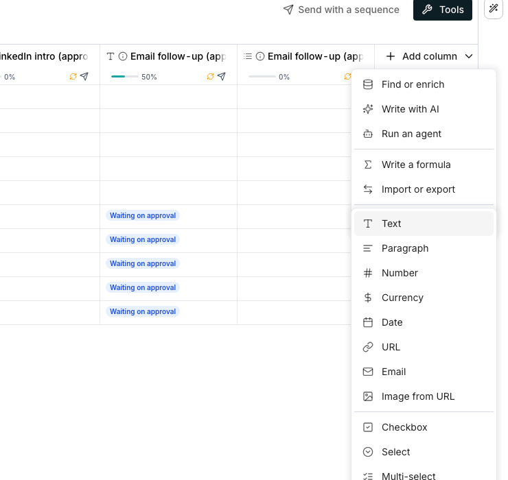 The Add column menu with its Type in values list open, showing Text, Paragraph, Number, Currency, Date, URL, Email and Image from URL above a line, then Checkbox, Select and Multi-select below it.