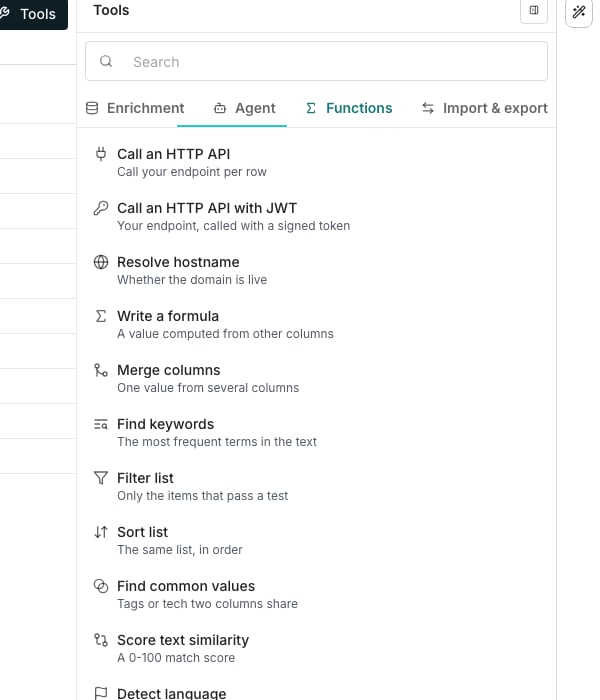 The Tools panel docked beside a table on its Functions tab, listing Call an HTTP API, Call an HTTP API with JWT, Resolve hostname, Write a formula, Merge columns, Find keywords, Filter list, Sort list, Find common values, Score text similarity, Detect language, Score words and Hash a value, each with a one-line description.