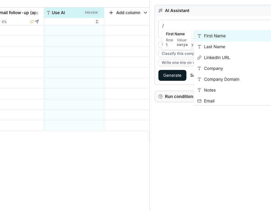 A prompt editor with a slash-triggered dropdown listing table columns by name and type icon, beside a card showing the highlighted column's sample row and value.