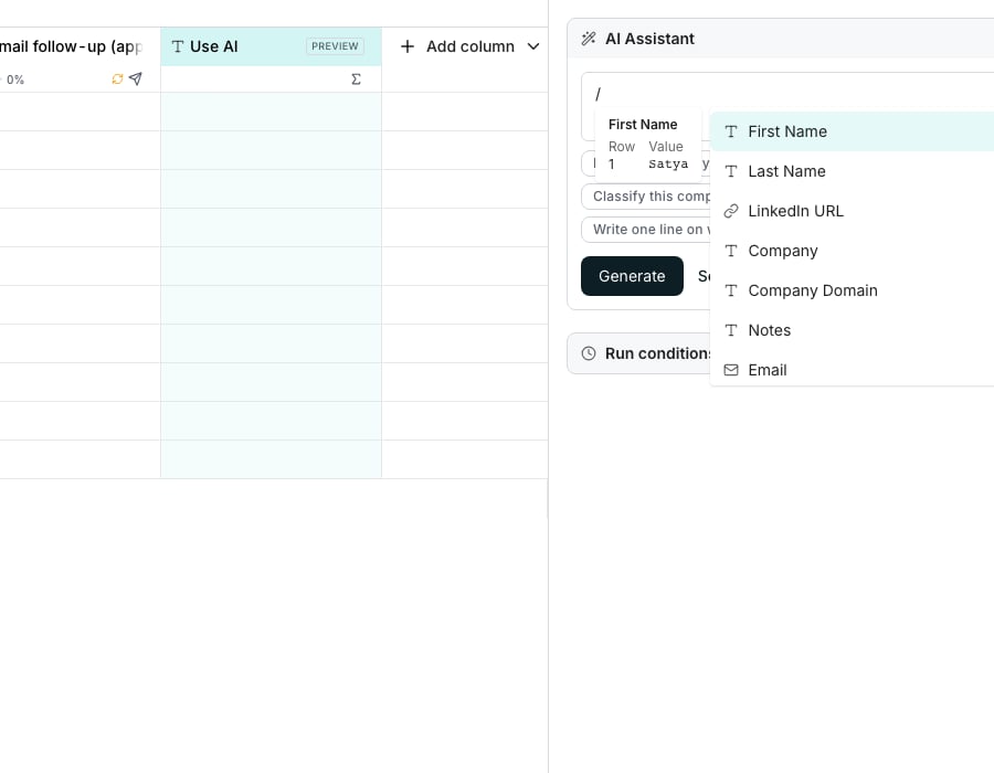 A prompt editor with a slash-triggered dropdown listing table columns by name and type icon, beside a card showing the highlighted column's sample row and value.