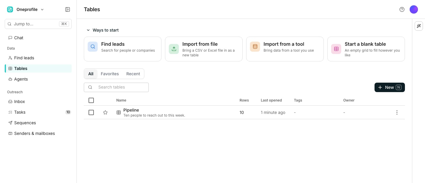 The Tables page showing four cards for Find leads, Import from file, Import from a tool, and Start a blank table, above a list of existing tables split into All, Favorites and Recent tabs.