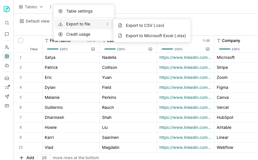 The menu under a table's name listing Table settings, Export to file, a greyed-out Run failed rows and Credit usage, with a submenu beside it offering Export to CSV (.csv) and Export to Microsoft Excel (.xlsx), over the table's rows.