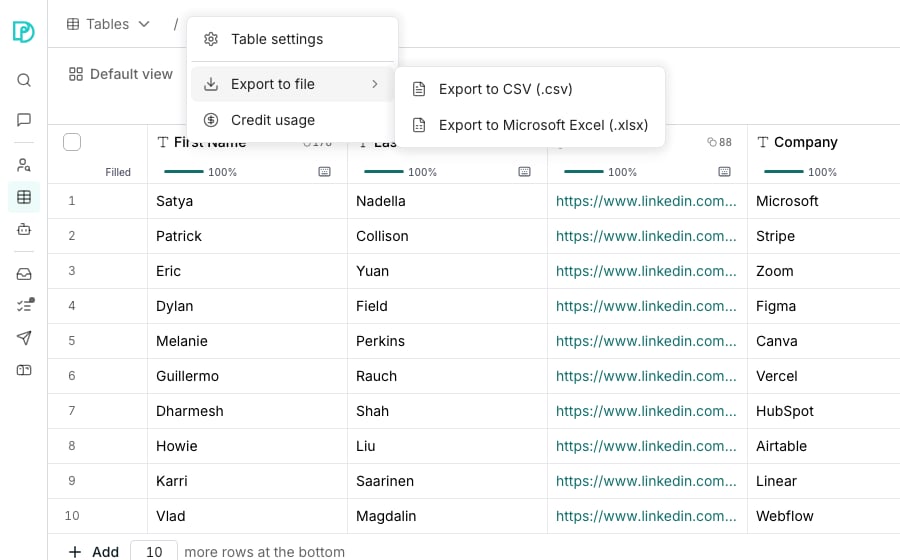 The menu under a table's name listing Table settings, Export to file, a greyed-out Run failed rows and Credit usage, with a submenu beside it offering Export to CSV (.csv) and Export to Microsoft Excel (.xlsx), over the table's rows.