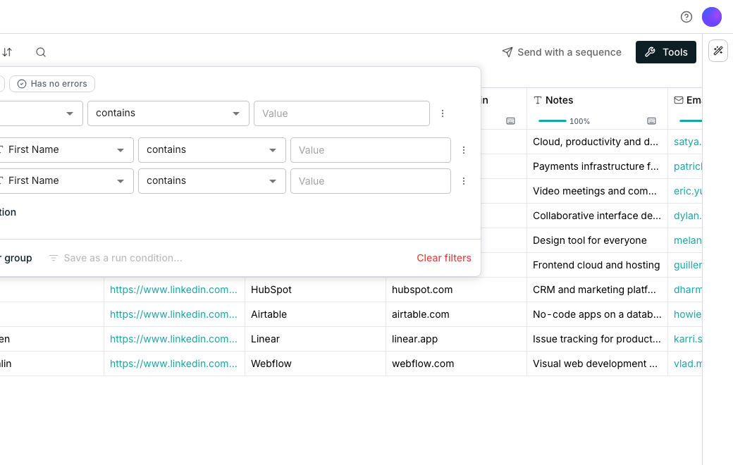 The filter panel open over the grid with one condition where Employees is greater than 50, joined by and to a group of two conditions on Industry, and an Add filter group button beneath it.