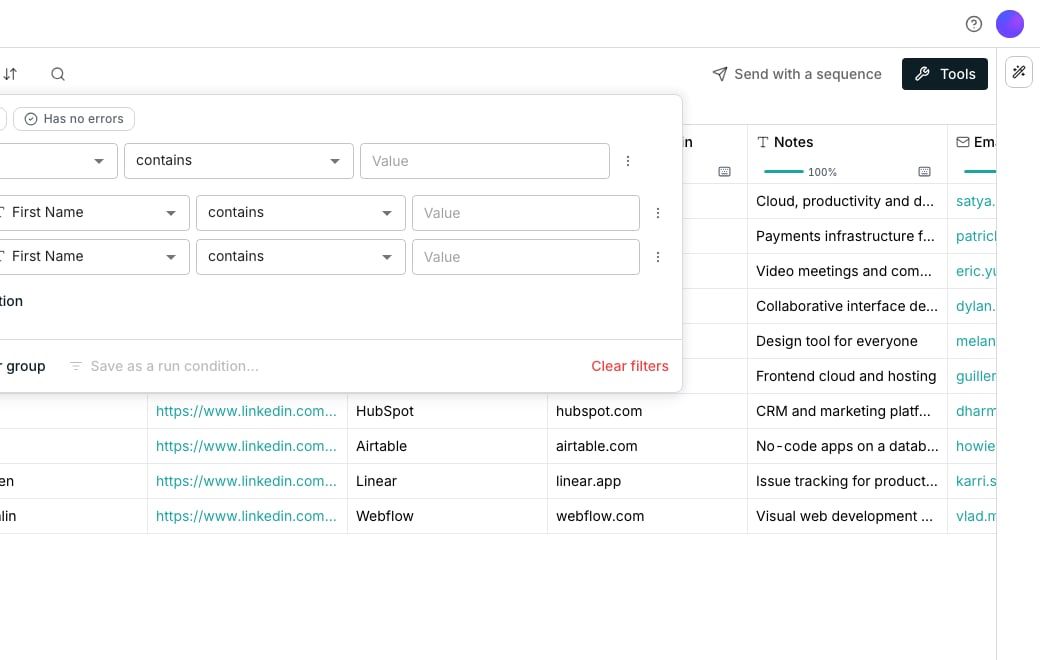 The filter panel open over the grid with one condition where Employees is greater than 50, joined by and to a group of two conditions on Industry, and an Add filter group button beneath it.