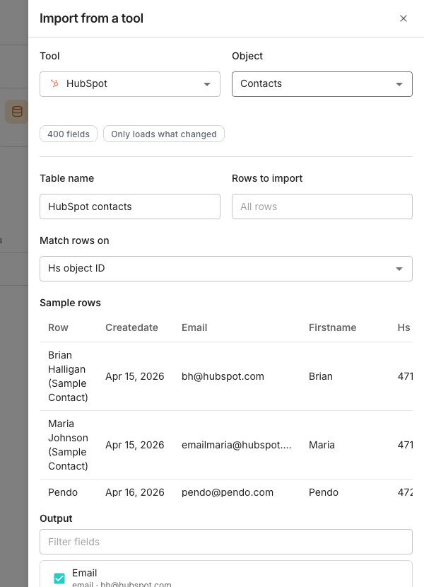 The Import from a tool drawer showing a Tool and an Object dropdown, chips counting the object's fields and how it reloads, Table name and Rows to import fields, a Match rows on dropdown, a Sample rows table, and an Output list of fields with checkboxes.
