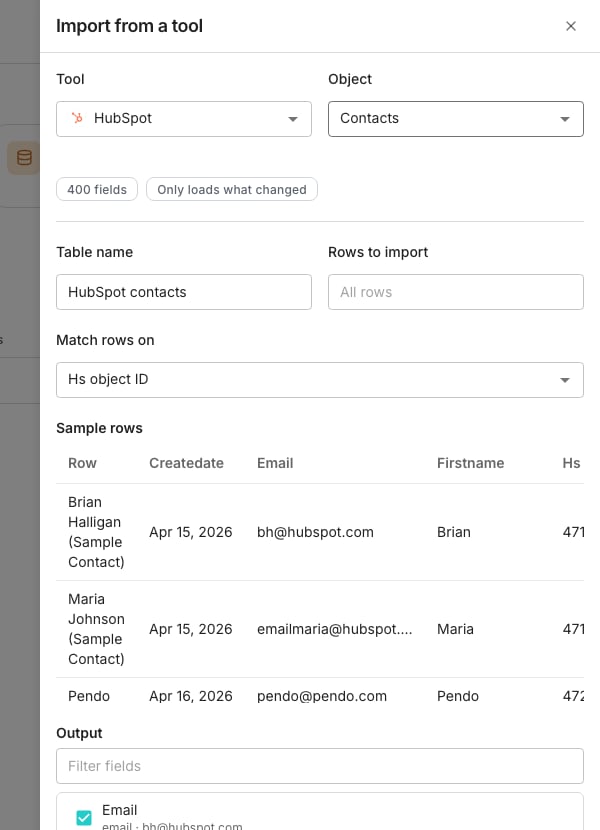 The Import from a tool drawer showing a Tool and an Object dropdown, chips counting the object's fields and how it reloads, Table name and Rows to import fields, a Match rows on dropdown, a Sample rows table, and an Output list of fields with checkboxes.