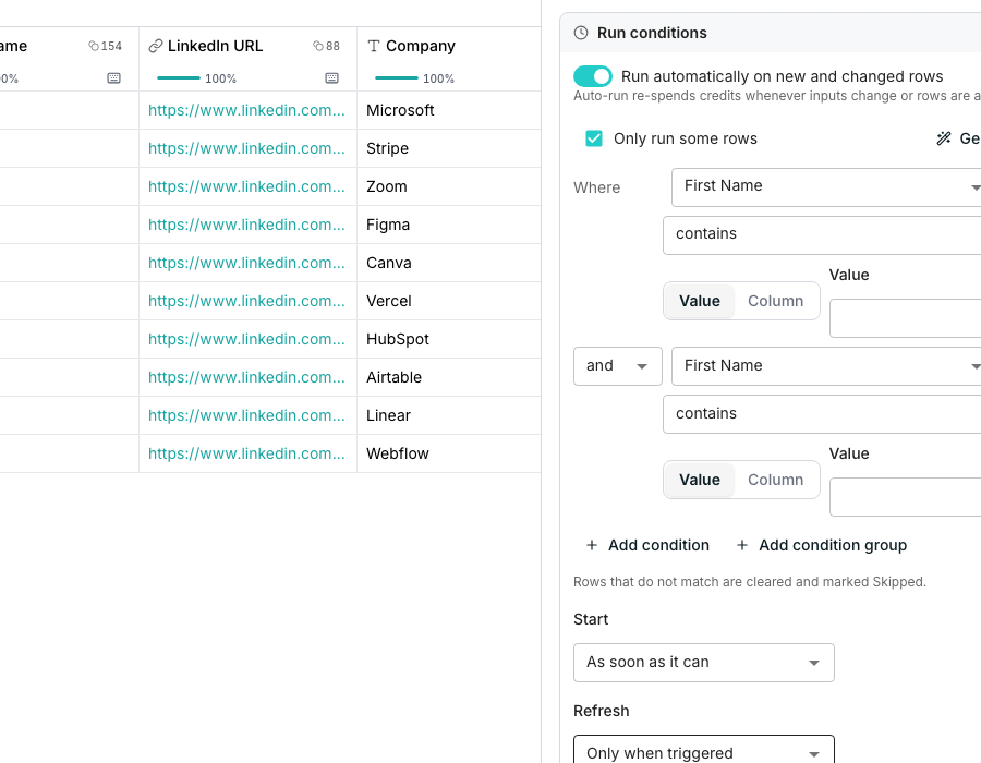 The Run conditions section of a column editor with Only run some rows turned on, two clauses joined by and, Add condition and Add condition group buttons, and a Generate button.