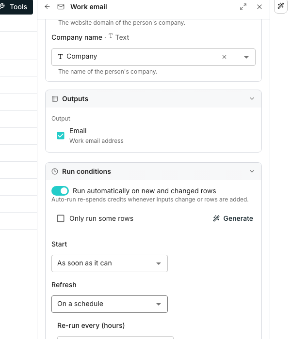A column's Run conditions section with Refresh set to On a schedule, a Re-run every (hours) field, and a projected monthly credit cost beneath it.