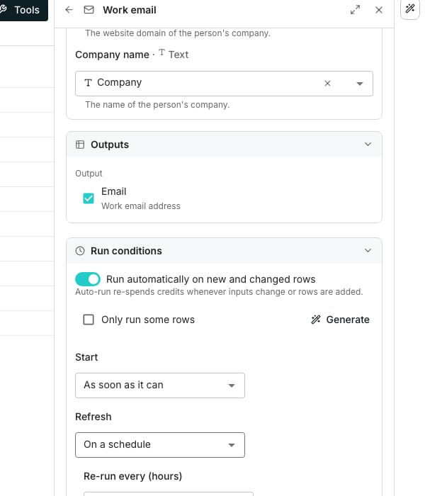 A column's Run conditions section with Refresh set to On a schedule, a Re-run every (hours) field, and a projected monthly credit cost beneath it.