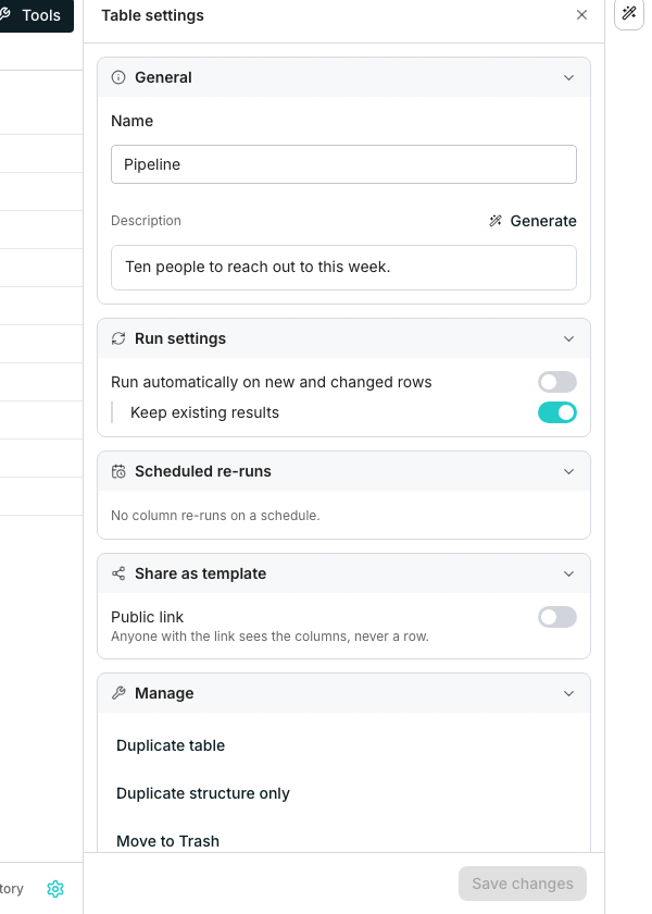 The Table settings panel with sections for General, Run settings, Scheduled re-runs, Deduplication, Share as template and Manage, each showing its own controls.