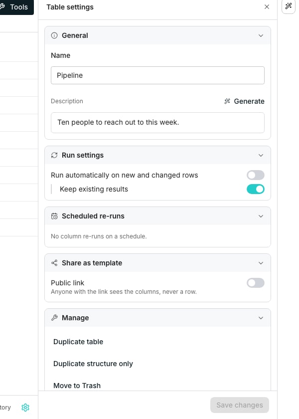 The Table settings panel with sections for General, Run settings, Scheduled re-runs, Deduplication, Share as template and Manage, each showing its own controls.