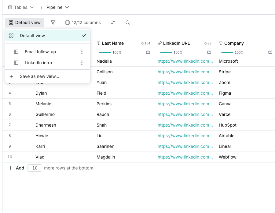 The view switcher at the left of a table's toolbar, reading Default view, with its menu open over the grid showing Default view ticked and Save as new view below it.