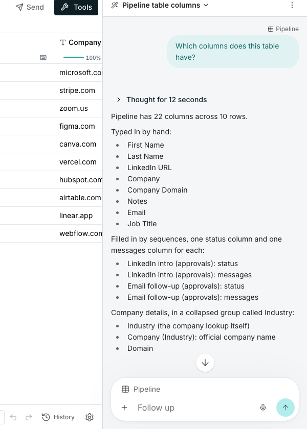 A table's Company column beside the docked AI Assistant, which has been asked from the Pipeline table which columns it has and has answered that Pipeline has 22 columns, listing them from First Name to the sequence status and messages columns, with Pipeline named at the top of the box to type a follow-up in.