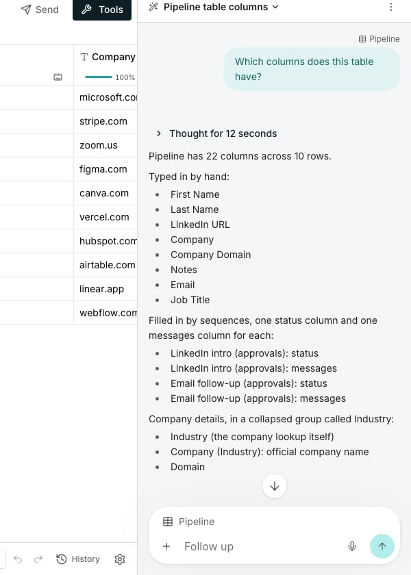 A table's Company column beside the docked AI Assistant, which has been asked from the Pipeline table which columns it has and has answered that Pipeline has 22 columns, listing them from First Name to the sequence status and messages columns, with Pipeline named at the top of the box to type a follow-up in.